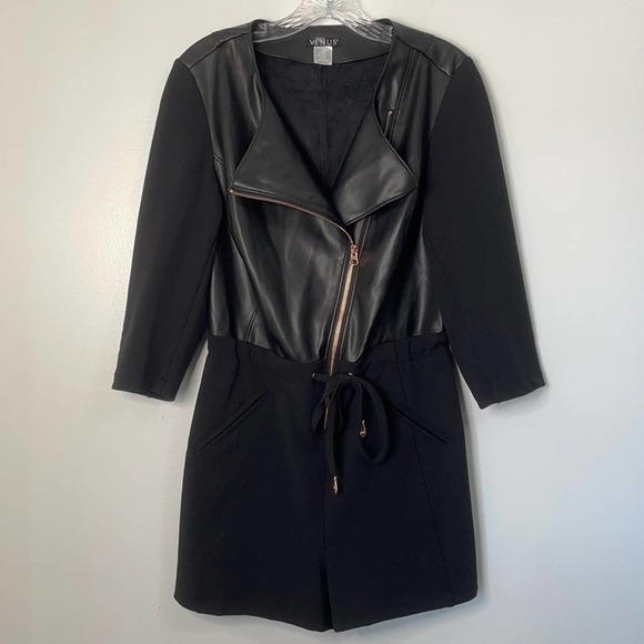 Venus Faux Leather Zip Front Romper Black Size M - Picture 1 of 8